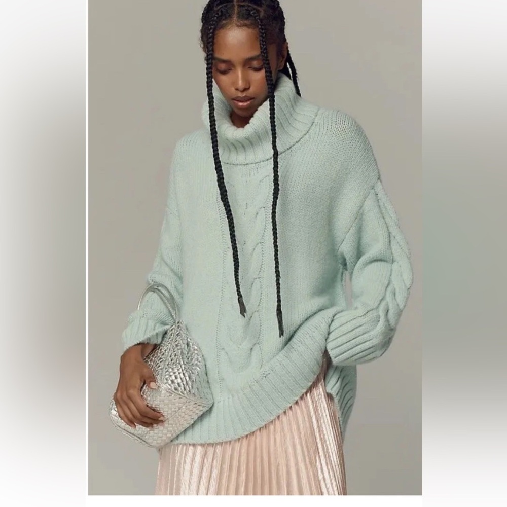 Anthropologie Pilcro Slouchy Cable Knit Turtleneck Sweater Sky Blue - Picture 1 of 6
